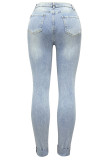 Street Solid Color Ripped Buttons Patchwork Zipper High Waist Regular Denim Jeans