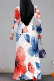 Elegant Flowers Print Lace Up Contrast V Neck Printed Dresses