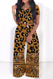 Casual Leopard Print Polka Dot Contrast O Neck Short Sleeve Two Pieces