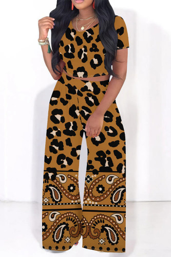 Casual Leopard Print Polka Dot Contrast O Neck Short Sleeve Two Pieces