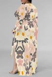 Elegant Flowers Print Lace Up Slit Contrast V Neck Printed Plus Size Dresses
