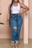 Street Solid Color Ripped Buttons Patchwork Zipper High Waist Regular Denim Jeans