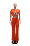Casual Solid Color Patchwork V Neck Short Sleeve Two Pieces