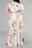 Elegant Floral Print Lace Up Slit Contrast V Neck Printed Plus Size Dresses