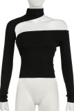 Sexy Solid Color Hollow Out Patchwork O Neck Tops