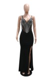 Sexy Patchwork Hot Drilling Backless Slit Spaghetti Strap Evening Dresses