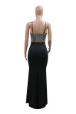 Sexy Patchwork Hot Drilling Backless Slit Spaghetti Strap Evening Dresses