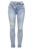 Street Solid Color Ripped Buttons Patchwork Zipper High Waist Regular Denim Jeans