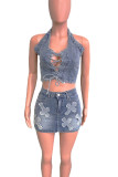 Street Pocket Buttons Patchwork Cross Straps Zipper U Neck Sleeveless Two Pieces