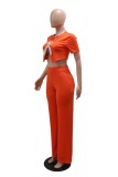 Casual Solid Color Patchwork V Neck Short Sleeve Two Pieces