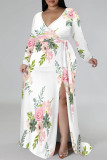 Elegant Floral Print Lace Up Slit Contrast V Neck Printed Plus Size Dresses