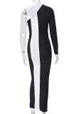 Sexy Hollow Out Patchwork Contrast Oblique Collar Long Dresses