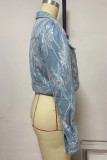 Street Lace Pocket Buckle Patchwork Turndown Collar Long Sleeve Straight Denim Jacket