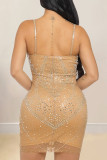 Sexy Hollow Out Patchwork Backless Hot Drill Spaghetti Strap Sling Dresses