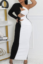 Sexy Hollow Out Patchwork Contrast Oblique Collar Long Dresses