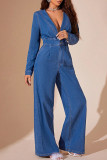 Street Solid Color Buttons Patchwork Deep V Neck Long Sleeve High Waist Loose Denim Jumpsuits
