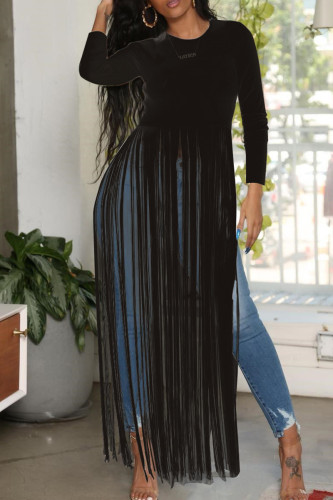 Casual Solid Color Fringed Trim Patchwork O Neck Tops