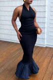 Sexy Solid Color Patchwork Backless Halter Long Dresses