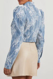 Street Lace Pocket Buckle Patchwork Turndown Collar Long Sleeve Straight Denim Jacket
