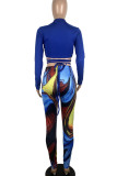 Casual Print Patchwork Cross Straps V Neck Long Sleeve Two Pieces