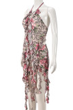Elegant Print Fringed Trim Patchwork Backless Cross Straps Halter Sleeveless Two Pieces