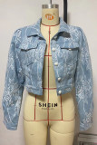 Street Lace Pocket Buckle Patchwork Turndown Collar Long Sleeve Straight Denim Jacket