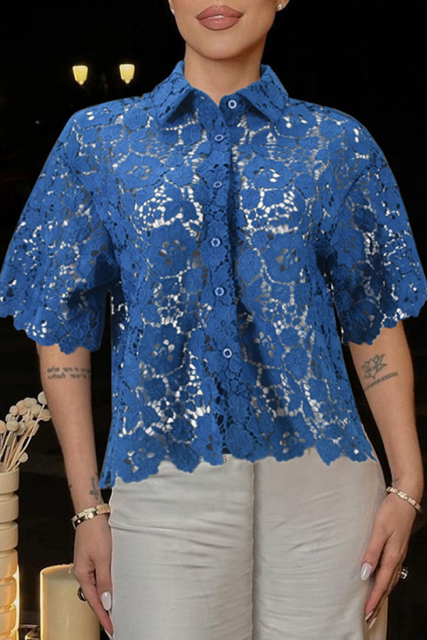 Sexy Solid Color Lace Hollow Out Buckle Patchwork Turndown Collar Tops