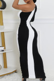Sexy Hollow Out Patchwork Contrast Oblique Collar Long Dresses