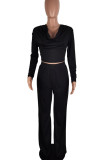 Casual Solid Color Patchwork Backless Cross Straps Ruched V Neck Long Sleeve Two Pieces