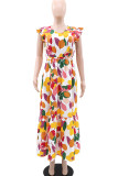 Elegant Print Patchwork V Neck Long Dresses