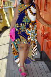 Casual Colorblock Floral Print Contrast O Neck Irregular Plus Size Dresses