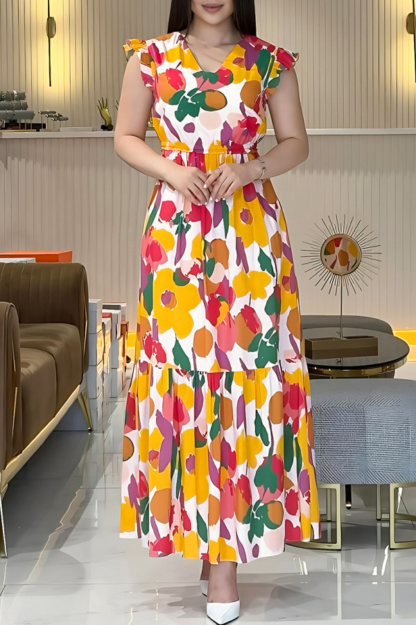Elegant Print Patchwork V Neck Long Dresses