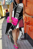Casual Colorblock Floral Print Contrast O Neck Irregular Plus Size Dresses