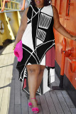Casual Colorblock Floral Print Contrast O Neck Irregular Plus Size Dresses
