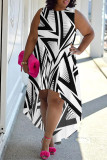 Casual Colorblock Floral Print Contrast O Neck Irregular Plus Size Dresses