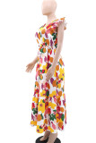 Elegant Print Patchwork V Neck Long Dresses