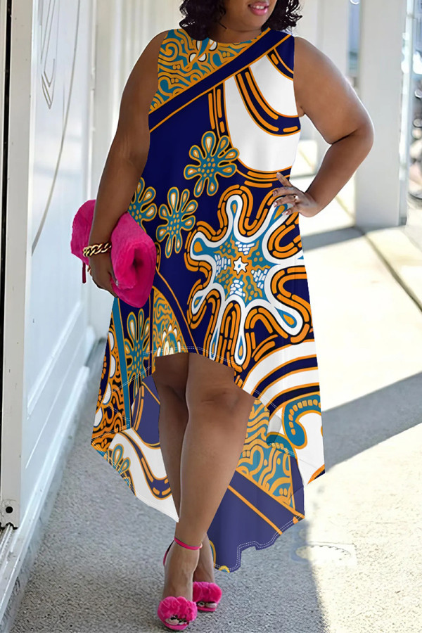 Casual Colorblock Floral Print Contrast O Neck Irregular Plus Size Dresses