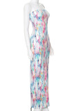 Elegant Print Patchwork Backless Slit Strapless Long Dresses