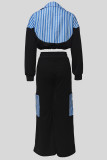 Casual Stripe Pocket Patchwork Strap Design Turndown Collar Long Sleeve Two Pieces