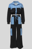 Casual Stripe Pocket Patchwork Strap Design Turndown Collar Long Sleeve Two Pieces