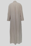 Casual Solid Color Buckle Patchwork Turndown Collar Long Dresses