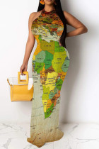 Sexy Geometric Print Map Printing Hollow Out Contrast O Neck One Step Skirt Dresses