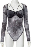 Sexy Print Hollow Out Patchwork Asymmetrical Collar Skinny Bodysuits