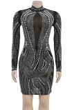 Sexy Patchwork See-Through Hot Drill Zipper Mandarin Collar Wrapped Skirt Dresses