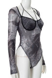 Sexy Print Hollow Out Patchwork Asymmetrical Collar Skinny Bodysuits