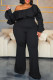 Casual Solid Color Patchwork Backless Zipper Ruffled Trim Oblique Collar Plus Size Jumpsuits