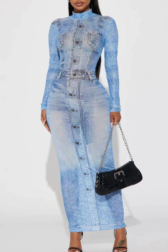 Street Print Patchwork O Neck Long Dresses