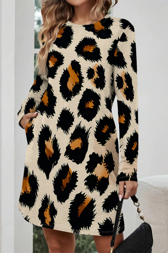 Casual Leopard Print Stripe Pocket Contrast O Neck Printed Dresses