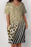 Casual Print Pocket V Neck Short Sleeve Plus Size Dresses