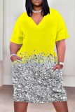 Casual Print Pocket V Neck Short Sleeve Plus Size Dresses